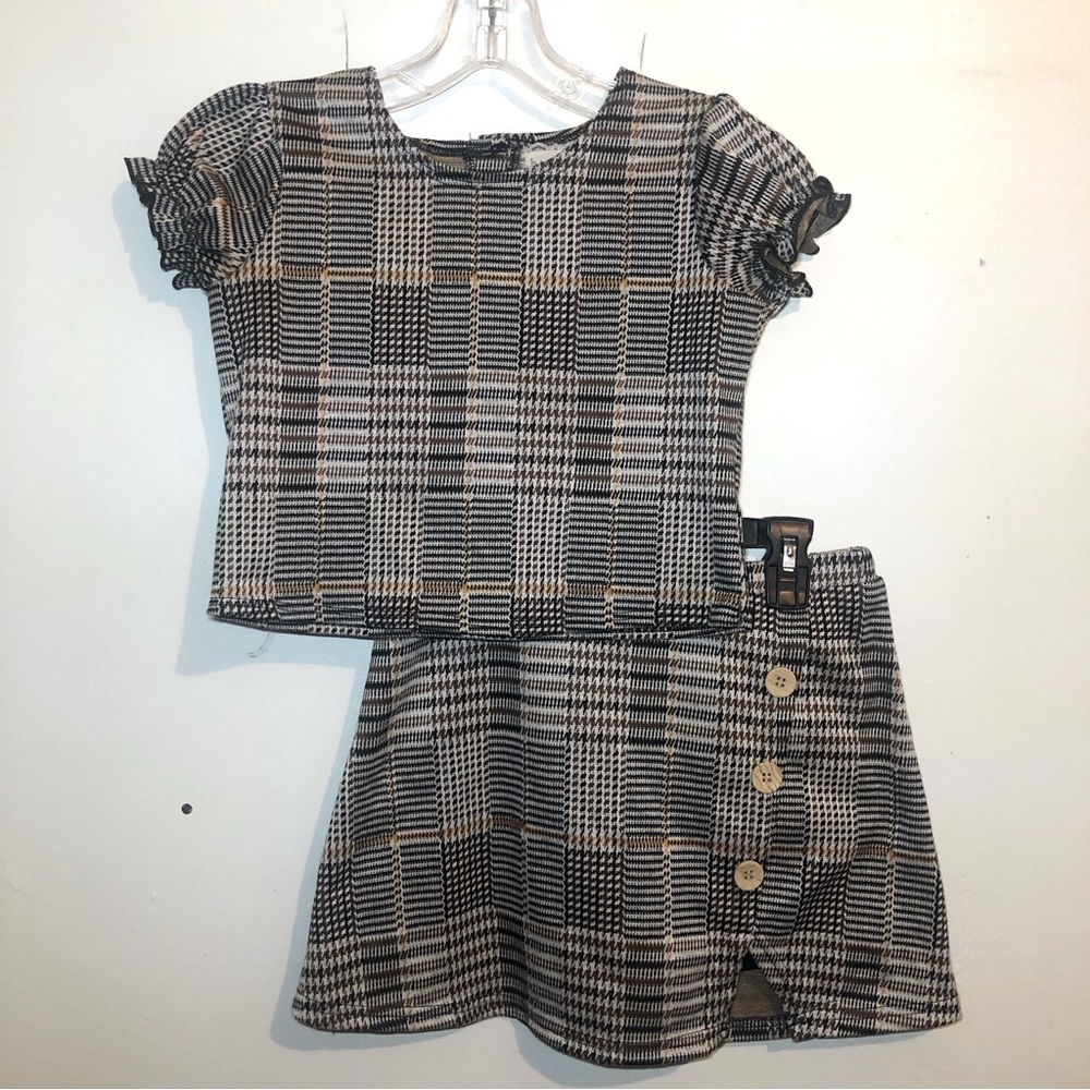 Btween Houndstooth Miniskirt Set w/ Shorts, Black, White, & Gold, girls size 12